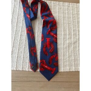 Fun Ties Mens Lobster Print Necktie Navy Blue Red Nautical Novelty Silk Feeling